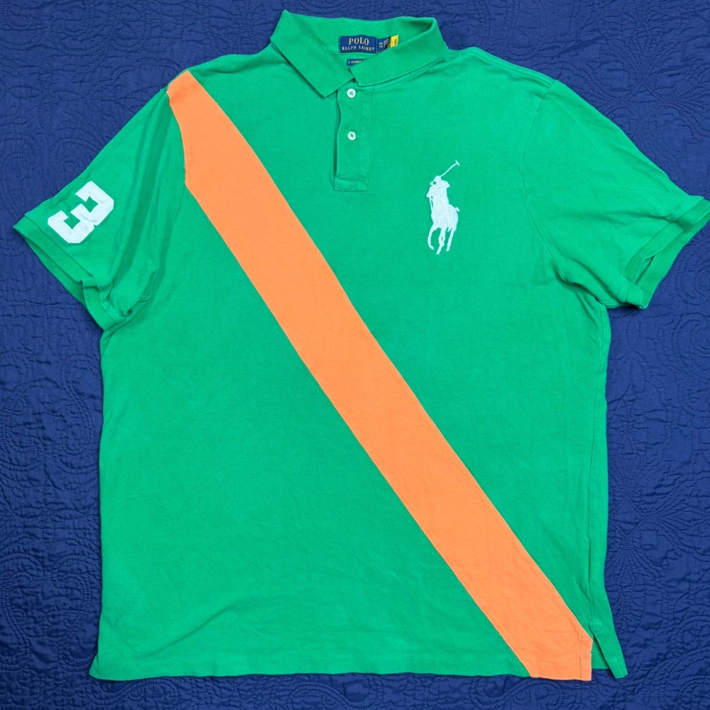 Polo Ralph Lauren Men Classic Fit Green Orange Stripe Big Pony Polo Shirt XXL